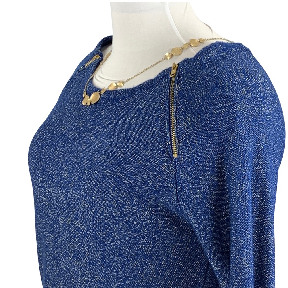 BISOU BISOU Blue w/ Metallic Zippered Shoulders Long Sleeve Sweater size Large - Picture 3 of 14
